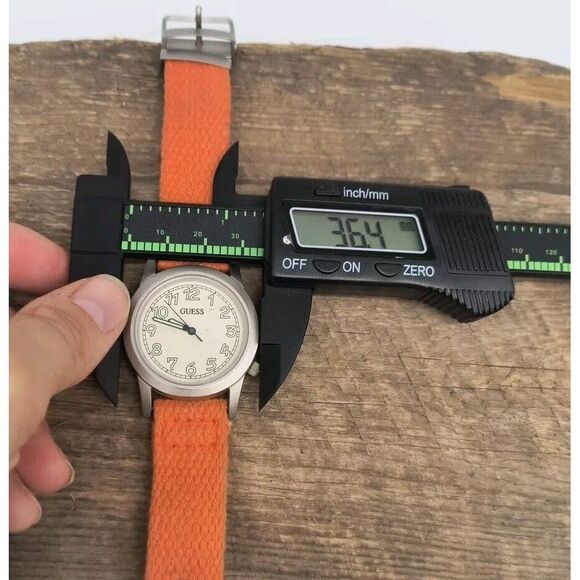 Vintage Guess 36mm Watch 1997 Silver Tone Orange Fabric Band - New Battery - Picture 8 of 8